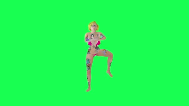 Сексуальная Блондинка Татуировкой Розовом Бикини Танцующая Стиле Gangnam Левый Угол — стоковое видео