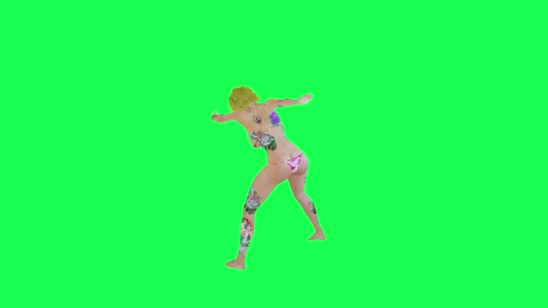 Sexy Blonde Tattooed Woman Pink Bikini Dancing Cheering Basketball Team — Stock Video