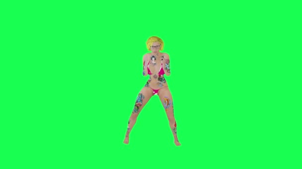 Volledige Getatoeëerde Sexy Blonde Vrouw Roze Bikini Doen Turks Dans — Stockvideo