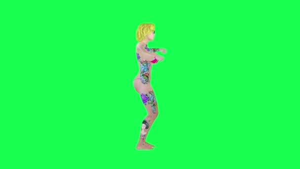 Volledige Getatoeëerde Sexy Blonde Vrouw Roze Bikini Doen Kip Dans — Stockvideo