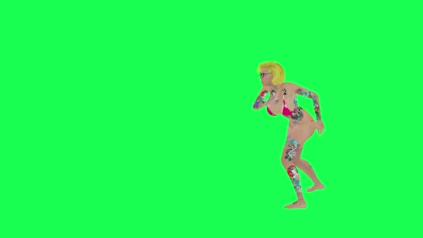 Full Tattooed Sexy Blonde Woman Pink Bikini Doing Chicken Dance — Stock Video