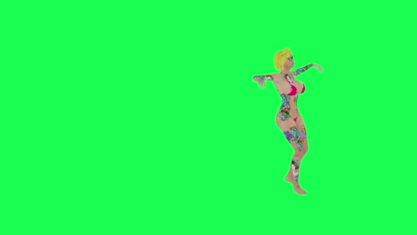 全身上下都是纹身的金发美女跳起舞背角孤零零的绿屏人物卡通片可爱的色彩键背景动画 — 图库视频影像