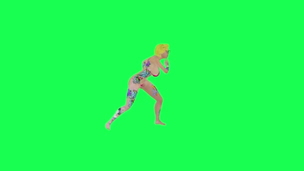 全纹身性感金发女人跳舞头角孤零零的绿色荧幕卡通人物可爱的色彩键背景动画 — 图库视频影像