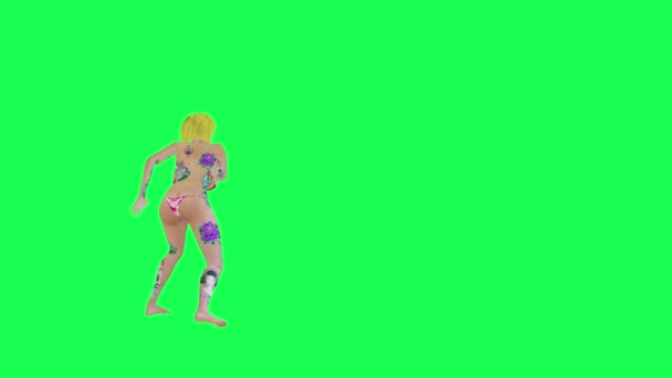全身纹身性感金发女子跳木乃伊拉左角孤零零的绿色荧幕卡通人物可爱的色彩键背景动画 — 图库视频影像