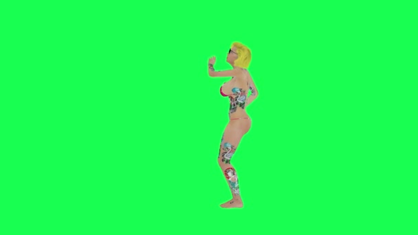Volledige Tatoeage Hete Blonde Vrouw Roze Bikini Dansen Buit Hip — Stockvideo