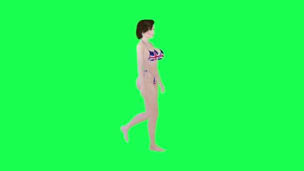 Gorąca Kobieta Brązowymi Włosami Anglii Flaga Bikini Spacery Odizolowany Kąt — Wideo stockowe