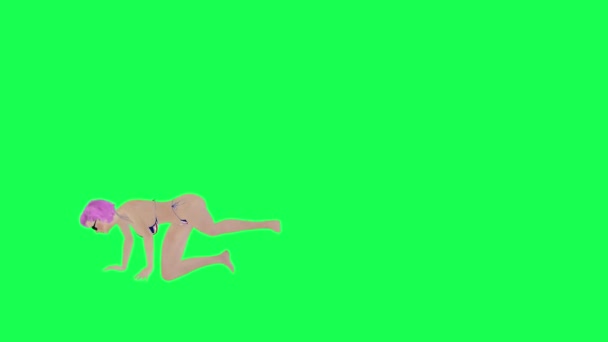 英国性感女人的旗袍比基尼和太阳镜在沙滩上散步孤立的左角绿色荧幕卡通人物可爱的彩色背景动画 — 图库视频影像