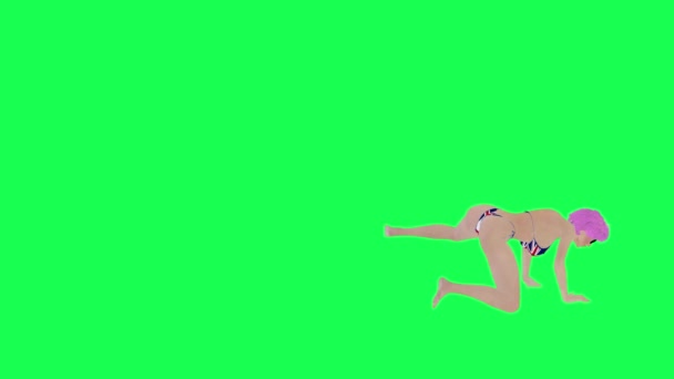 イギリスの旗ビキニとサングラスのホットピンクハイレッド女性戦いとパンチ孤立した右角緑のスクリーンキャラクター漫画かわいいクロマキー背景アニメーション — ストック動画
