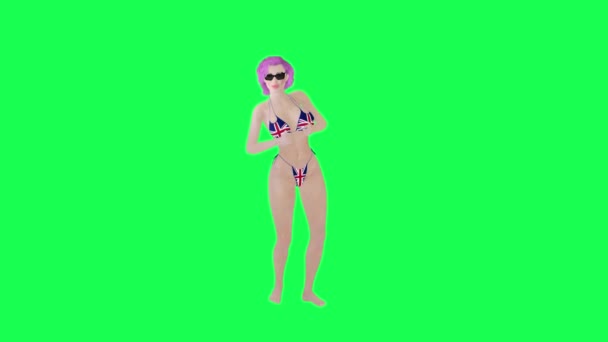ピンクの髪とイングランドのフラグビキニ応援勝利分離フロント角度緑のスクリーンキャラクター漫画かわいいクロマキー背景アニメーション — ストック動画