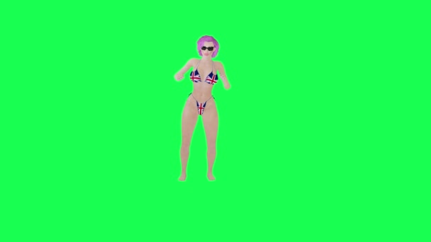 ビキニのセクシーな女性 英国の旗 地面に何かを見つける 隔離された右角緑のスクリーンキャラクター漫画 かわいいクロマキーバックグラウンドアニメーション — ストック動画