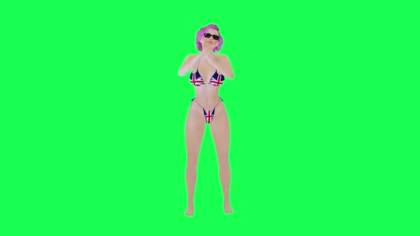 Hot Vrouw Bikini Met Britse Vlag Staan Klappen Geïsoleerd Groen — Stockvideo