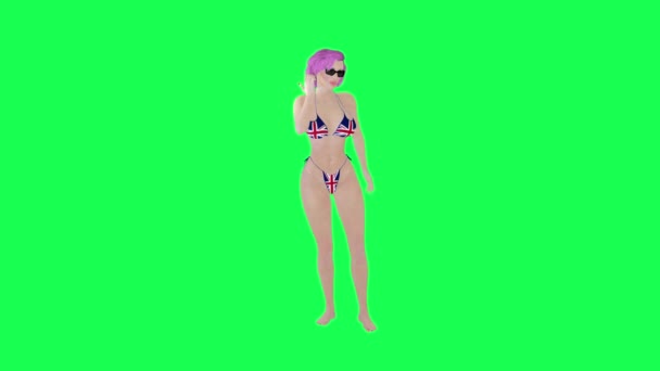 Ngiliz Bayraklı Bikinili Seksi Kadın Bir Telefon Görüşmesi Yapıyor Sol — Stok video