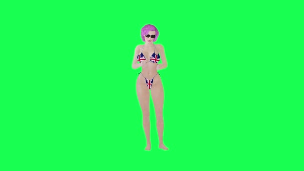 Hot Vrouw Bikini Met Britse Vlag Werken Met Mobiele Telefoon — Stockvideo