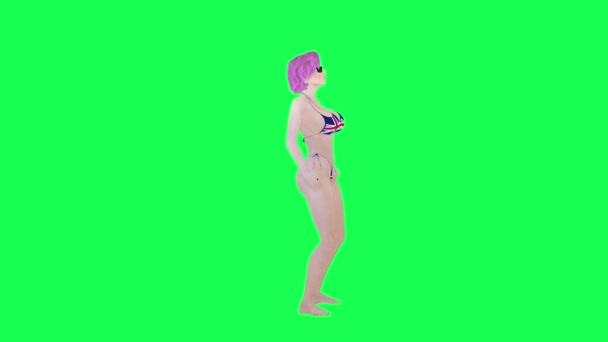 Сексуальная Чемпионка Бикини Британским Флагом Веселящаяся Одинокая Персонаж Зеленого Экрана — стоковое видео