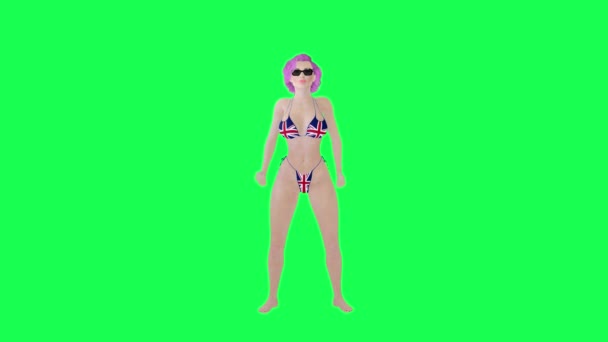 性感的英国国旗比基尼冠军女子欢呼孤立的直角绿色屏幕角色卡通片可爱的色彩键背景动画 — 图库视频影像