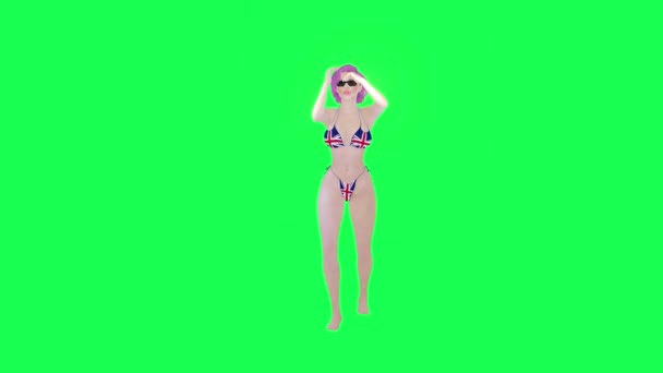 Szexi Brit Zászló Bikini Bajnok Éljenzés Elszigetelt Bal Szög Zöld — Stock videók
