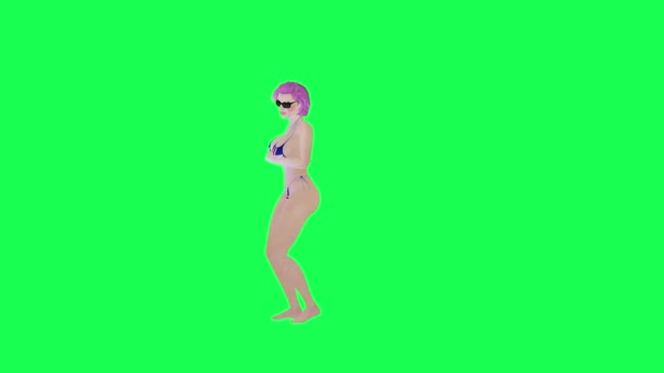 英国辣妹比基尼舞转孤立左角绿色荧幕卡通人物可爱色彩键背景动画 — 图库视频影像
