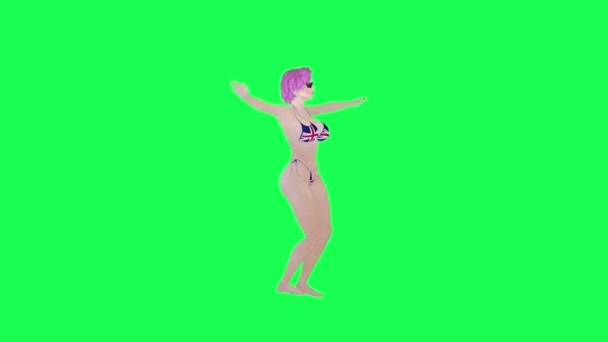 Hot Woman British Flag Bikini Doing Jazz Dance Front Angle — Stock video