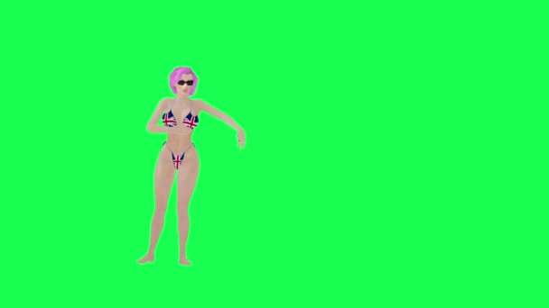 イングランドのホット女性 フラグビキニダンスプロヒップホップ右角隔離緑のスクリーンキャラクター漫画かわいいクロマキー背景アニメーション — ストック動画