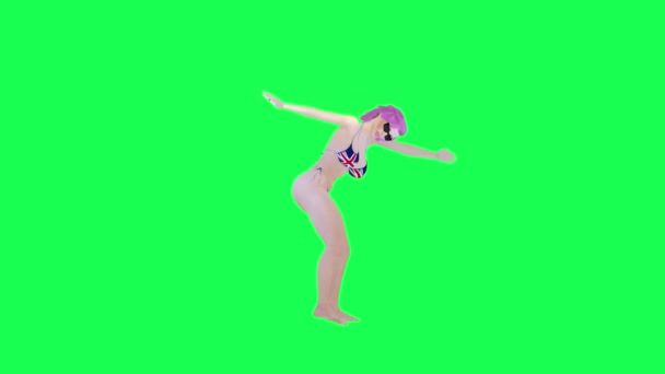 Roze Harige Vrouw Britse Vlag Bikini Dansen Gangnam Stijl Voorkant — Stockvideo