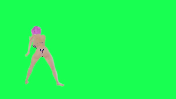 セクシーなピンク髪の女性イギリスの旗ビキニダンスカポエイラ右角隔離された緑の画面キャラクター漫画かわいいクロマキーバックグラウンドアニメーション — ストック動画
