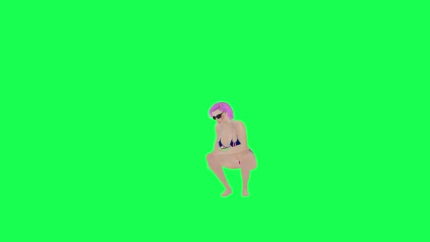 性感的粉红头发女人穿着英国国旗比基尼跳起舞前角孤零零的绿色荧幕卡通人物可爱的彩色背景动画 — 图库视频影像
