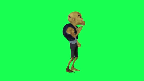 3D僵尸隔离绿色屏风在热空气中等待左角卡通人物滑稽可爱的立方体渲染动画循环 — 图库视频影像