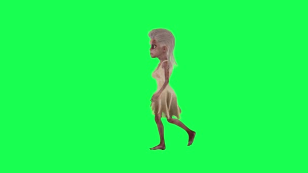 Γυναίκα Ζόμπι Περπάτημα Δεξιά Γωνία Πράσινο Οθόνη Χαρακτήρα Κινουμένων Σχεδίων — Αρχείο Βίντεο