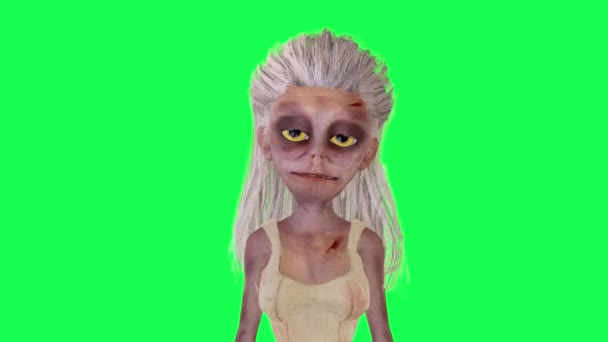3D女僵尸在一个绿色屏幕上表演对面的角色扮演卡通人物滑稽可爱的Cg渲染动画循环 — 图库视频影像