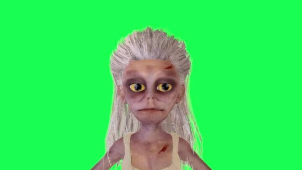 3D女僵尸在前角绿屏卡通人物上做积极的脸滑稽可爱的Cg渲染动画循环 — 图库视频影像