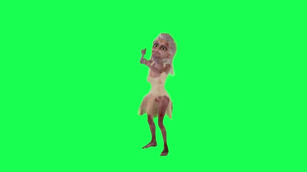 可怕的3D女性僵尸钓鱼绿色屏幕前角动漫角色滑稽可爱的立方体渲染动画循环 — 图库视频影像
