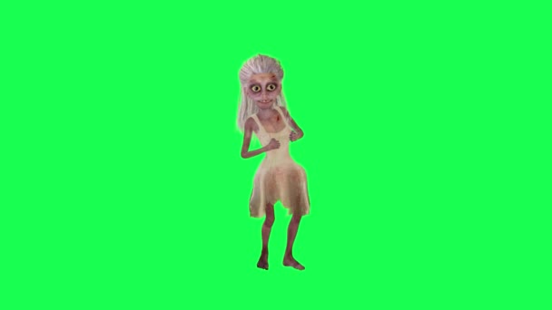 Överraskad Tecknad Kvinnlig Zombie Vit Klänning Grön Skärm Front Vinkel — Stockvideo