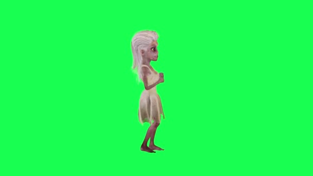 Zaskoczony Kreskówki Kobieta Zombie Białej Sukience Zielony Ekran Lewy Kąt — Wideo stockowe