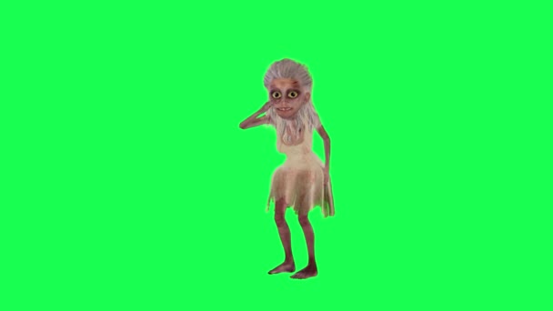 Animierte Weibliche Zombie Weißem Kleid Freuen Sich Grünen Bildschirm Rechten — Stockvideo