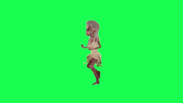 Жестокая Зомби Женщина Работает Зеленый Экран Прямым Углом Мультяшный Персонаж — стоковое видео