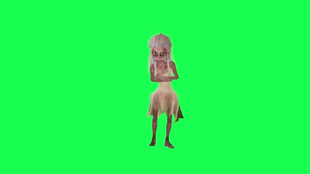 女僵尸等着愤怒的绿色屏幕前角卡通人物滑稽可爱的Cg渲染动画循环 — 图库视频影像