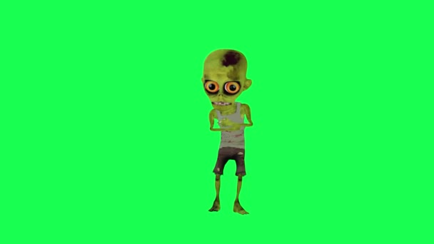 3D小僵尸等着愤怒的绿色屏幕前角卡通人物滑稽可爱的立方体渲染动画循环 — 图库视频影像