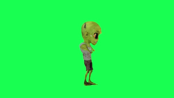 3D小僵尸等待愤怒的绿色屏幕左角卡通人物滑稽可爱的立方体渲染动画循环 — 图库视频影像