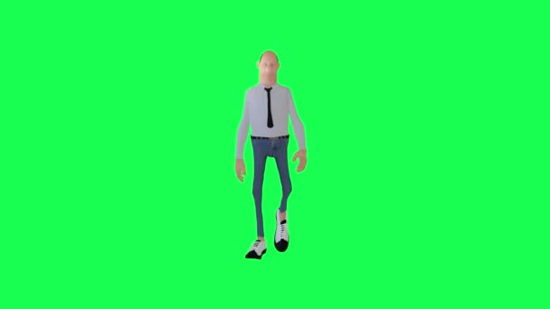 绿色荧幕瘦小的秃头男子穿着正装走起路来面角卡通人物滑稽可爱的Cg渲染动画循环 — 图库视频影像