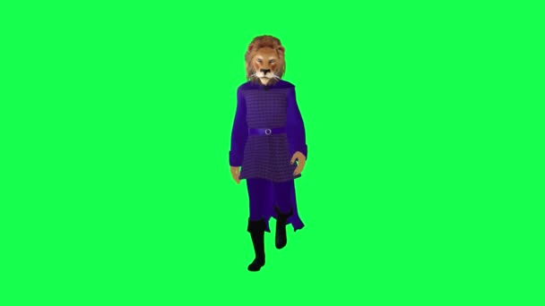 Великий Лев Фіолетовій Сукні Йде Переднього Кута Зеленому Екрані Персонаж — стокове відео