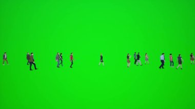Krom anahtar yeşil ekranın görsel efektlerini görselleştirmek için sokakta yürüyen bir kalabalığın 3 boyutlu animasyonu. Kırmızı renkli insanlar, arka plan animasyonu erkek ve kadın yürüyüşü konuşmaları.