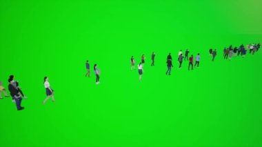 Bir grup insanın 3 boyutlu animasyonu ünlü caddelerde yürümesi iç ve dış sahneler krom anahtar yeşil ekran 3D insanlar kırmızı krom anahtar arka plan animasyon adam ve kadın yürüyüş konuşma