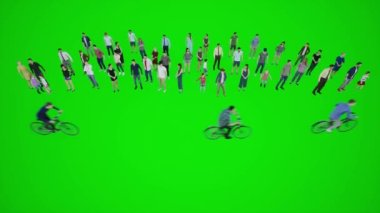 Sekiz boyutlu 3D animasyon. Tekerlekli sandalyedeki bir adam Avrupa ve Amerika sokaklarında hareket ediyor. Krom anahtar yeşil ekranın üç köşesinden. 