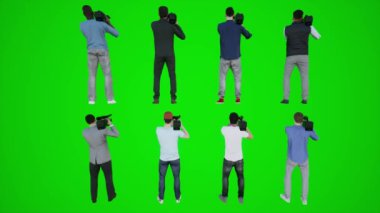 Sahilde kameramanların 3 boyutlu animasyonu krom anahtar yeşil ekranın arkasındaki açıdan çekiliyor. 3 boyutlu insanlar, daha kırmızı renkli arka plan animasyonu erkek ve kadın yürüme sohbetleri yapıyor.