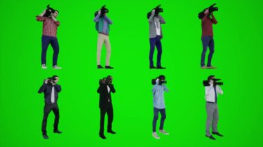 Krom yeşil ekranın üç köşesinden Avrupa 'nın kıyılarında çekim yapan kameramanların 3D animasyonları. Krom yeşil ekranın üç köşesinden insanlar daha kırmızı renkli arka plan animasyoncusu erkek ve kadın yürüme konuşmaları.