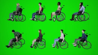 3D animasyon. Tekerlekli sandalyedeki nazik bir adam Avrupa sokaklarında hareket ediyor. Afrika, Amerika. Krom anahtarın arkasındaki açı.