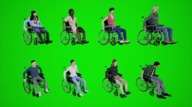 Tekerlekli sandalyede hareket eden mutlu bir adamın sekiz boyutlu üç boyutlu animasyonu. 