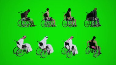 3D animasyon. Tekerlekli sandalyedeki dikkatsiz bir adam. Avrupa sokaklarında tekerlekli sandalyede hareket ediyor. Afrika Amerika. Krom yeşil ekranın üç köşesinden.