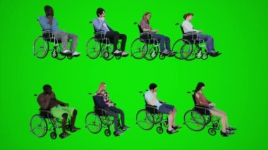 3D animasyon. Tekerlekli sandalyedeki nazik bir adam Avrupa sokaklarında hareket ediyor. Afrika Amerika. Krom anahtarın üç köşesinden.