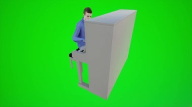 Bir restoranda üç köşeden piyano çalan bir erkek dansçının 3 boyutlu animasyonu. Krom anahtar yeşil ekranın 3 köşesinden 3 boyutlu insanlar. Krom anahtar arka plan animasyonu erkek ve kadın yürüyüşü konuşmaları.